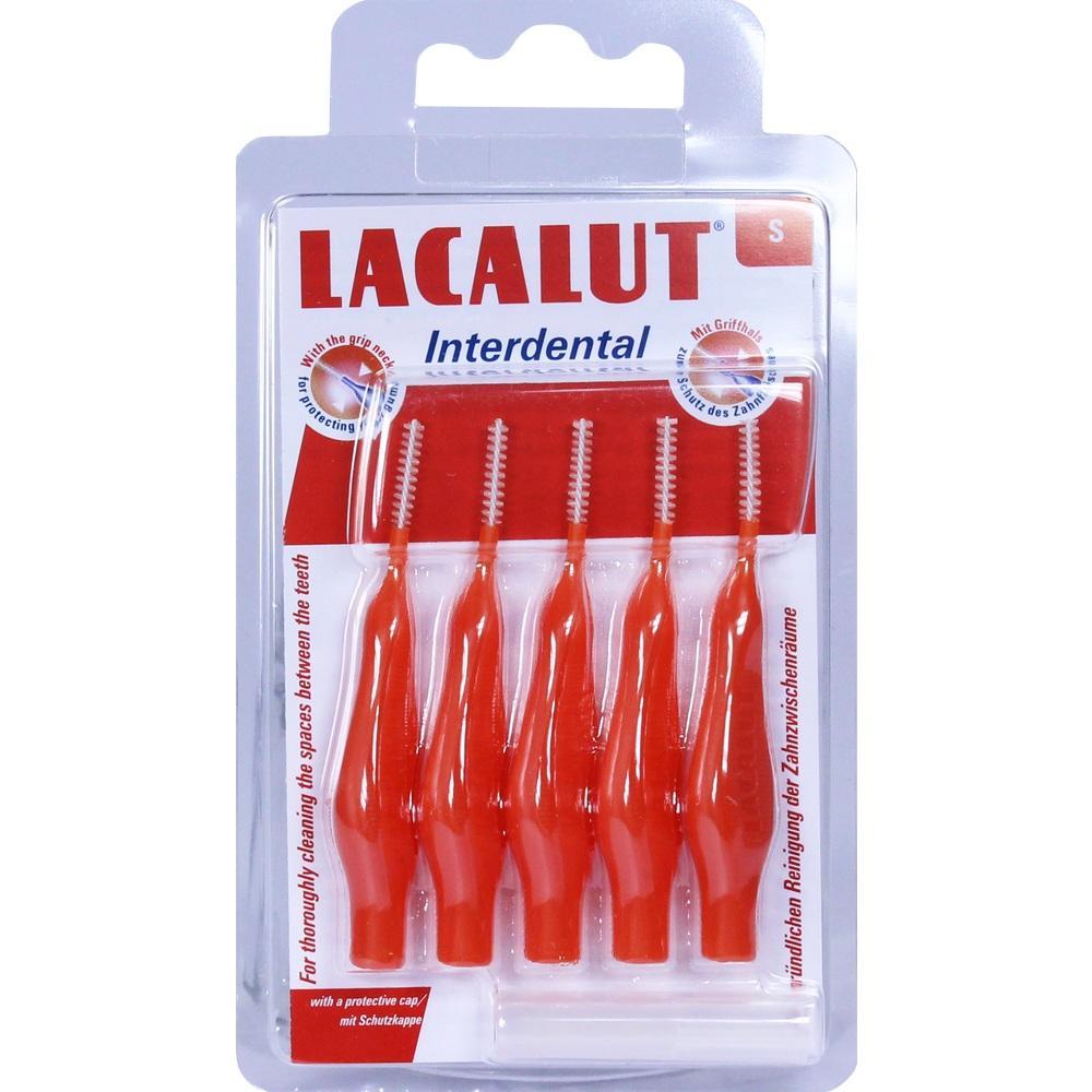 Sechs rote Interdentalb&uuml;rsten in einer transparenten Verpackung.