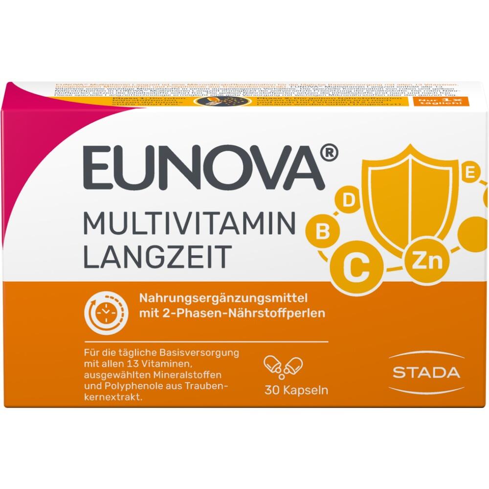 Verpackung von Eunova Multivitamin Langzeit mit 30 Kapseln zur Nahrungsergänzung.