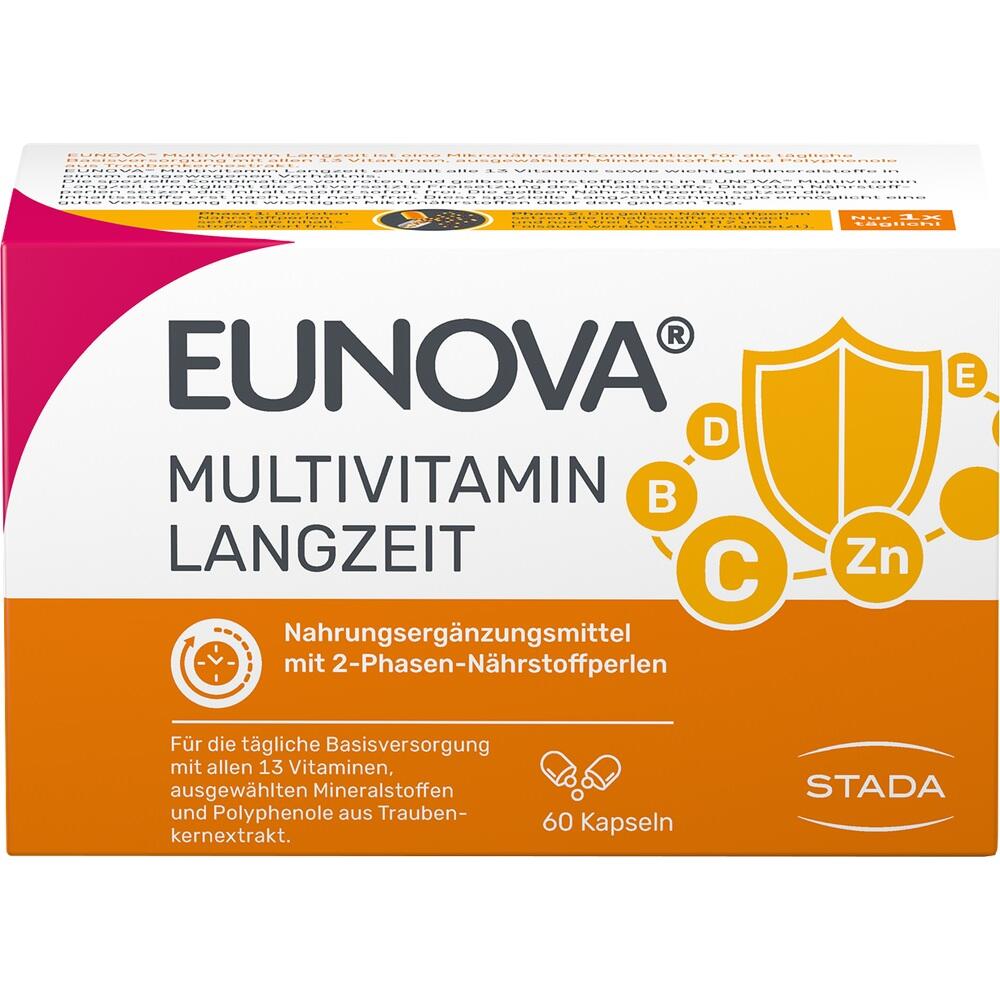 Auf der Verpackung steht "EUNOVA Multivitamin Langzeit" mit 60 Kapseln.