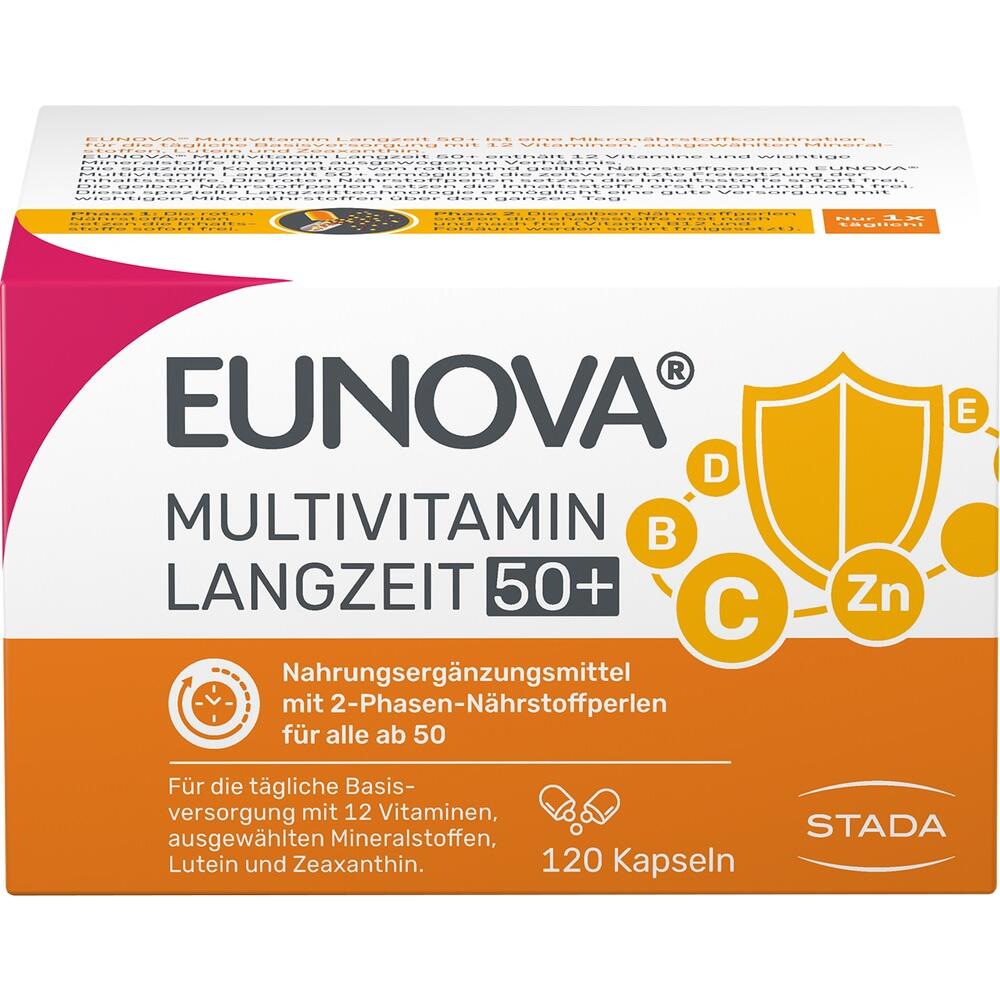 Verpackung von Eunova Multivitamin Langzeit 50+ mit 120 Kapseln f&uuml;r Menschen ab 50 Jahren.