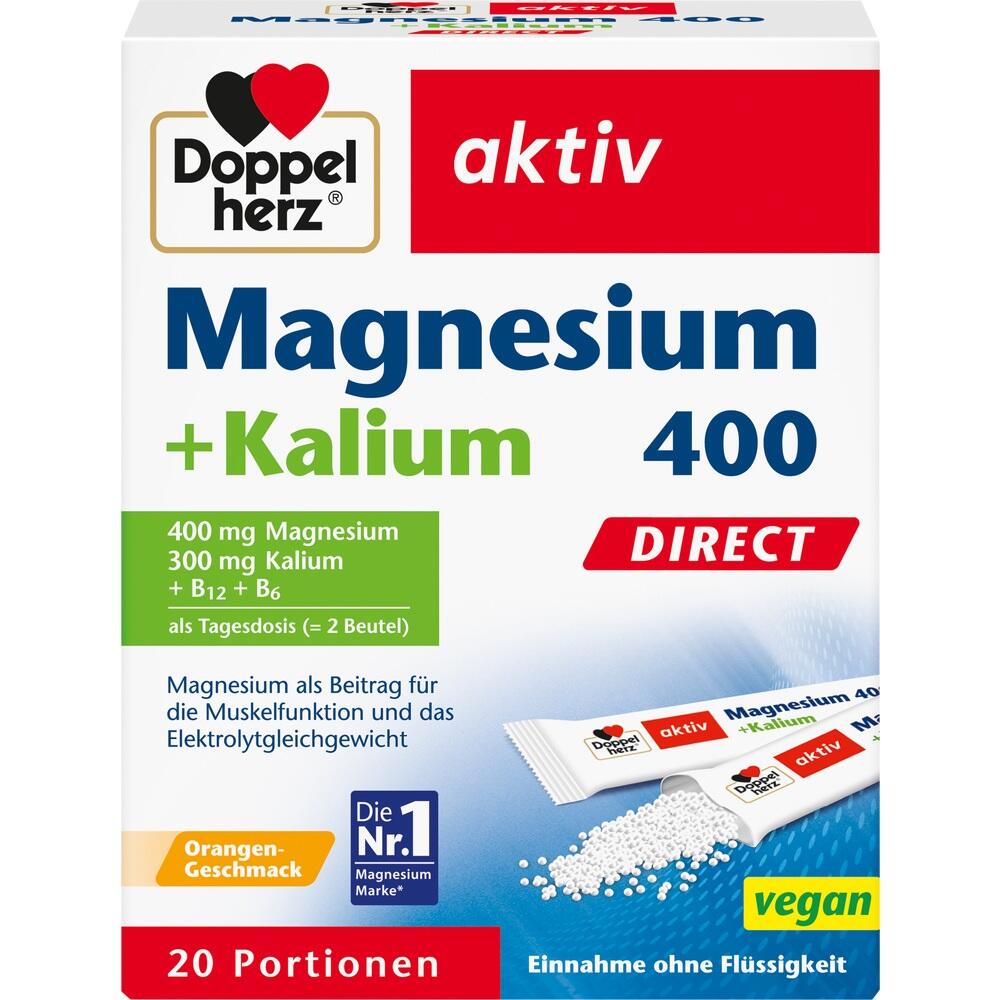 Verpackung von "Doppelherz aktiv Magnesium + Kalium" mit Orangen-Geschmack f&uuml;r Muskeln und Elektrolyte.