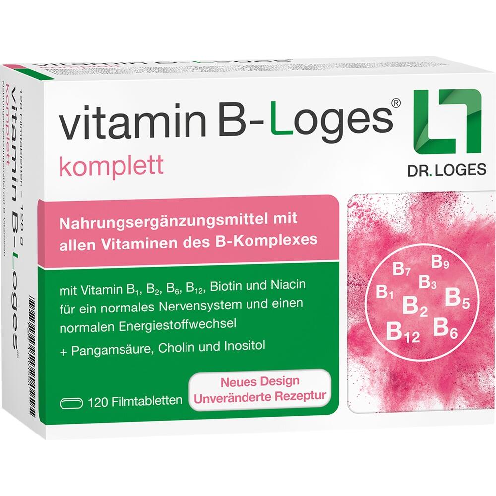 Verpackung von Vitamin-B-Komplex-Nahrungsergänzungsmittel mit 120 Filmtabletten.
