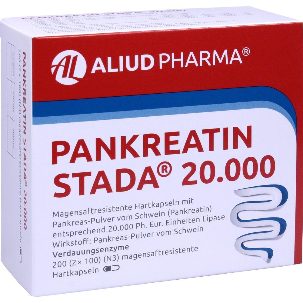Rote Medikamentenschachtel mit der Aufschrift "Pankreatin Stada 20.000" von Aliud Pharma.