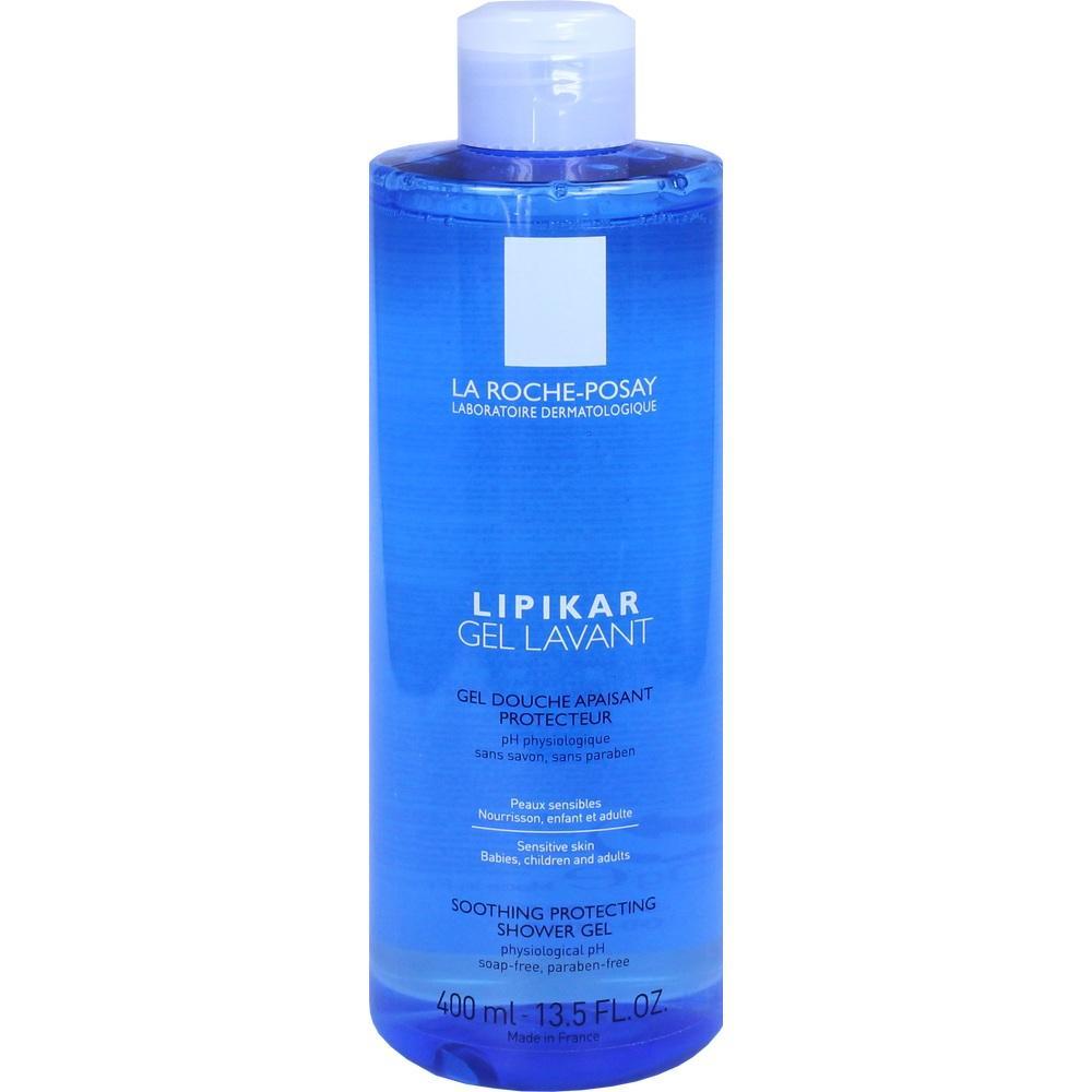Blaue Flasche mit pflegendem Duschgel für empfindliche Haut.