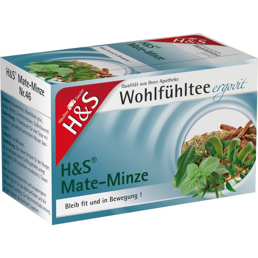 Eine Teepackung von H&S Mate-Minze mit Kr&auml;uterabbildung.