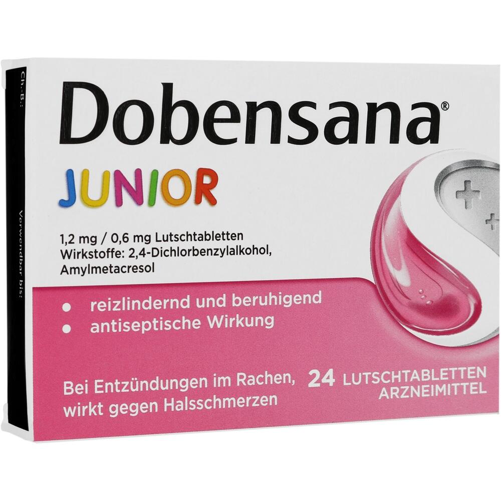 Packung von Dobensana Junior Lutschtabletten gegen Halsschmerzen.