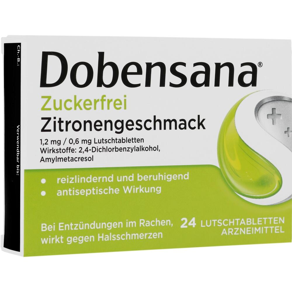 Verpackung von zuckerfreien Lutschtabletten mit Zitronengeschmack gegen Halsschmerzen.