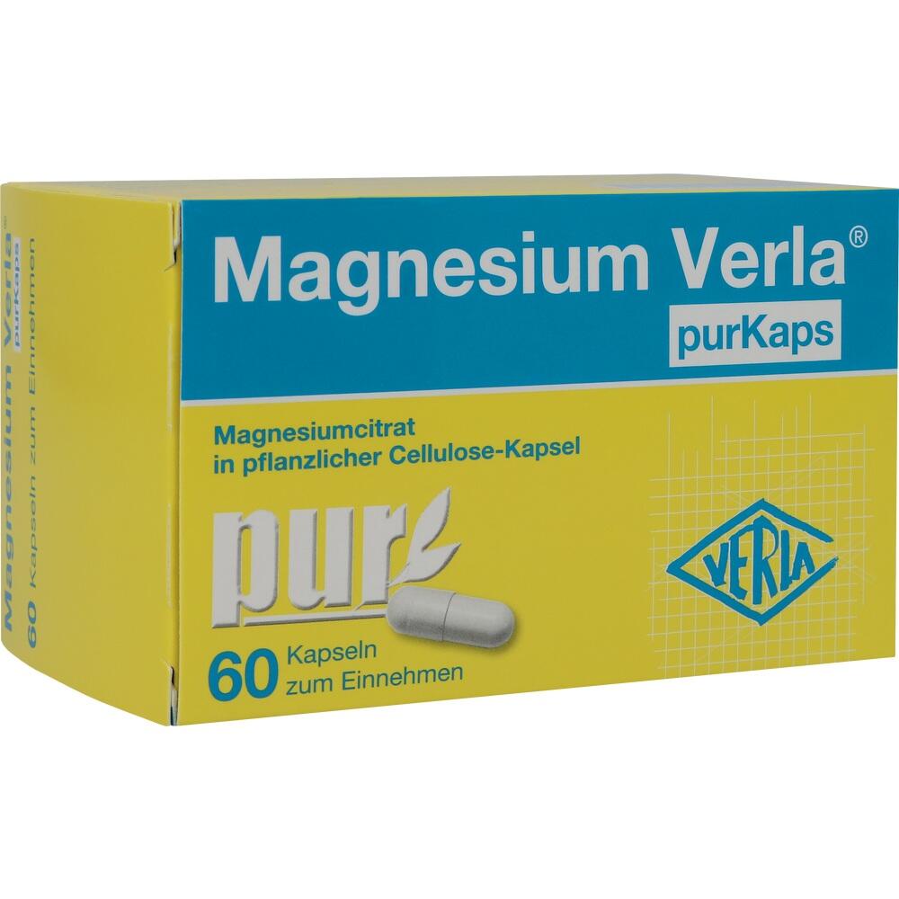 Gelbe Packung mit der Aufschrift "Magnesium Verla purKaps, 60 Kapseln".