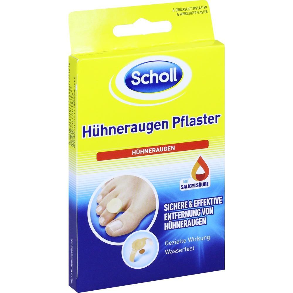 Gelbe Packung von Scholl mit Hühneraugen-Pflastern für die Entfernung von Hühneraugen.