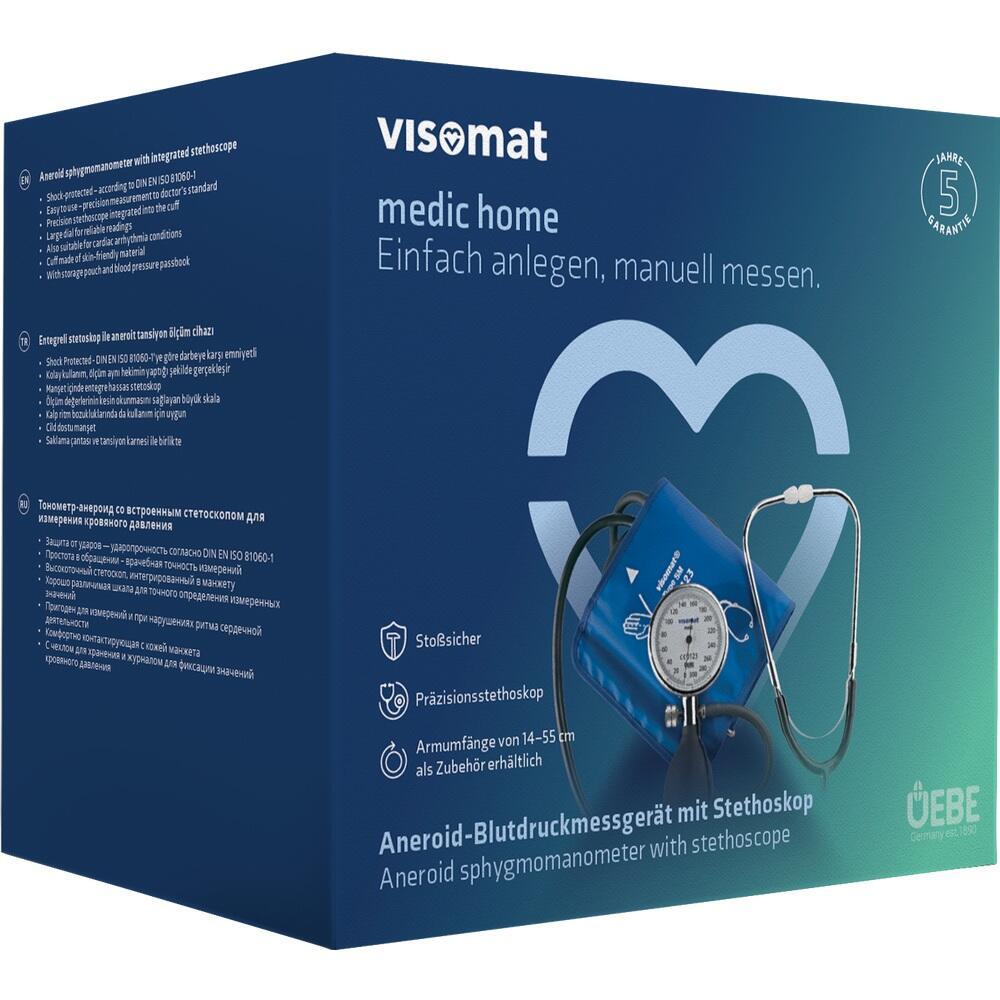 Blaue Verpackung eines Blutdruckmessgeräts mit Stethoskop und Herzsymbol.