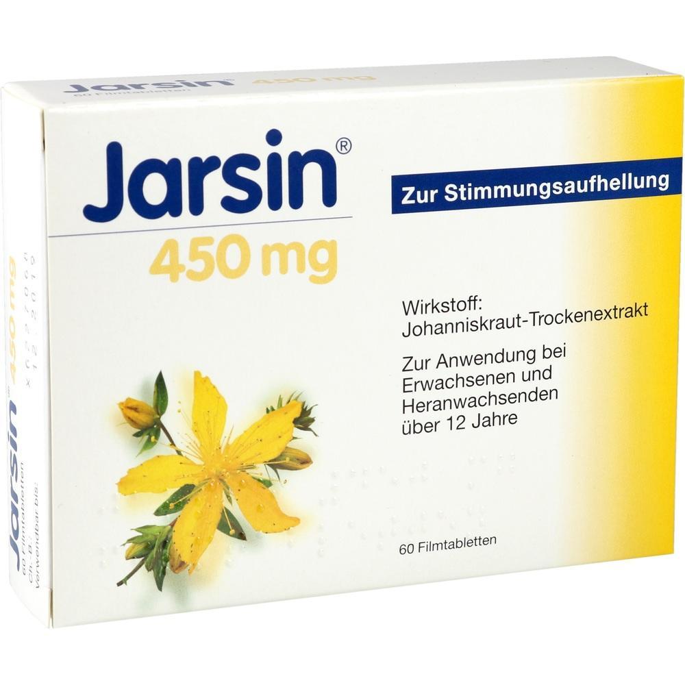 Verpackung von Jarsin 450 mg mit gelber Johanniskrautblume und Text zur Stimmungsaufhellung.