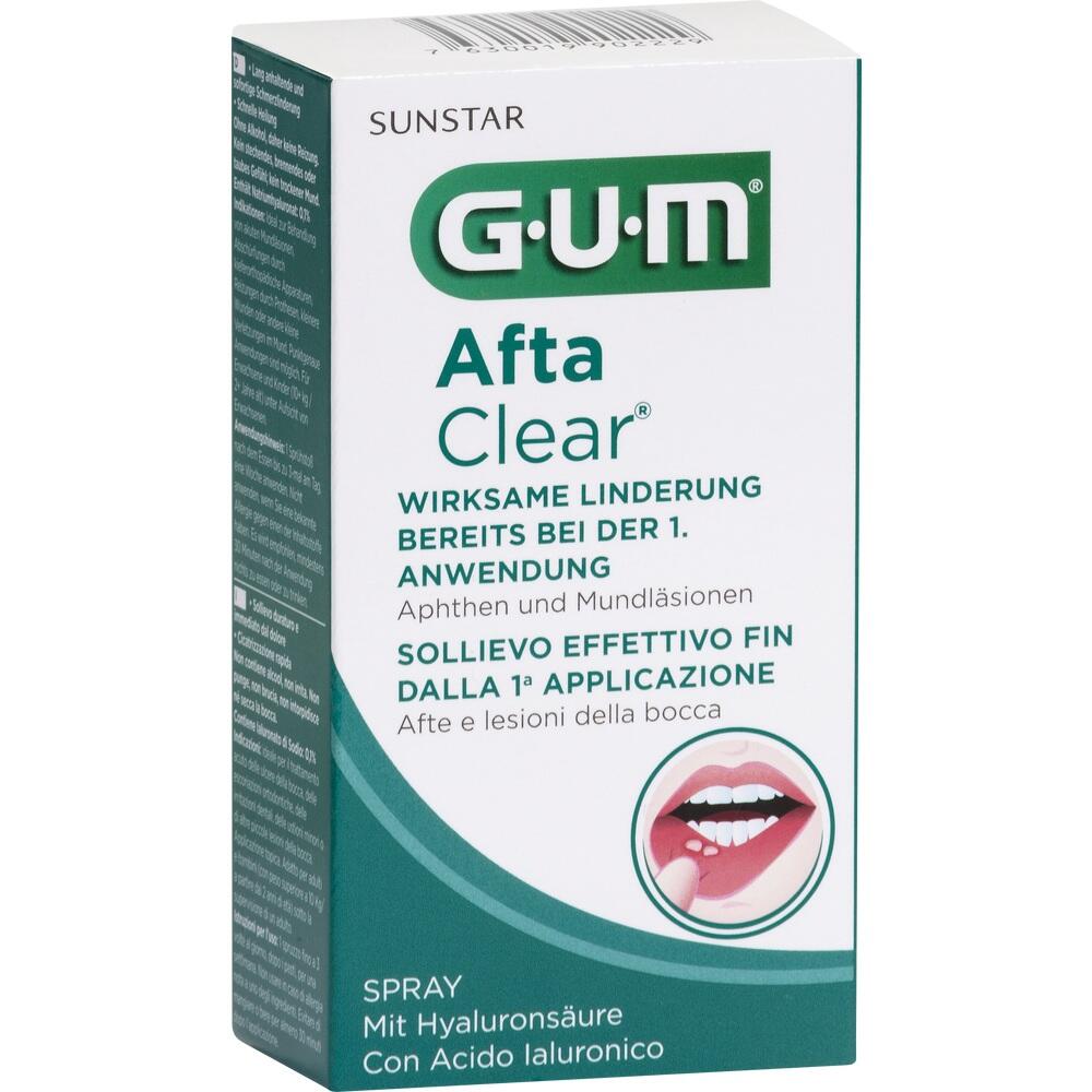 Wei&szlig;e Packung von GUM AftaClear f&uuml;r Mundl&auml;sionen mit Abbildung eines Mundes.