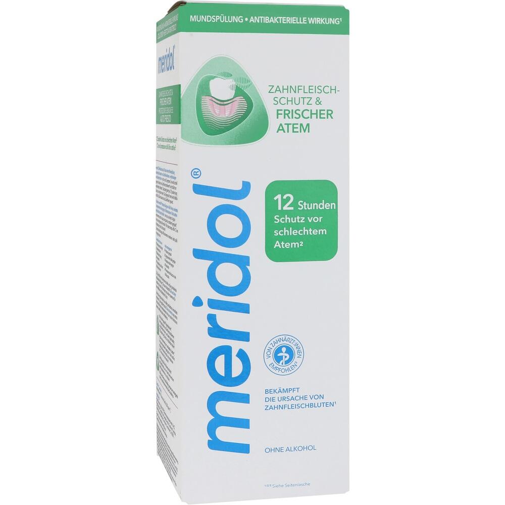 Weiße Verpackung einer Mundspülung mit grünem und blauem Text.