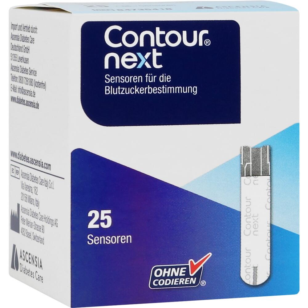 Eine Packung mit 25 Blutzuckersensoren der Marke Contour Next.