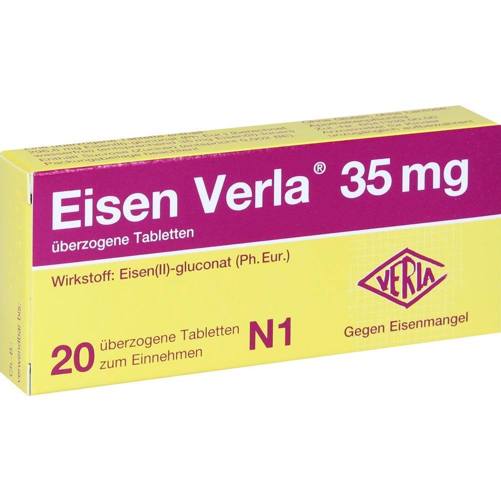 Gelbe Packung Eisen-Verla 35 mg Tabletten zur Behandlung von Eisenmangel.