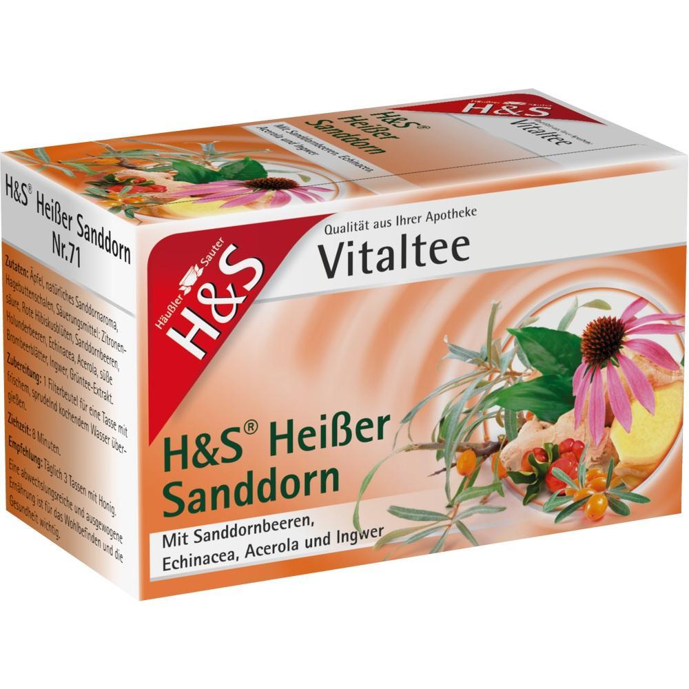 Teepackung mit der Aufschrift "H&S Hei&szlig;er Sanddorn", zeigt Pflanzen und Fr&uuml;chte.
