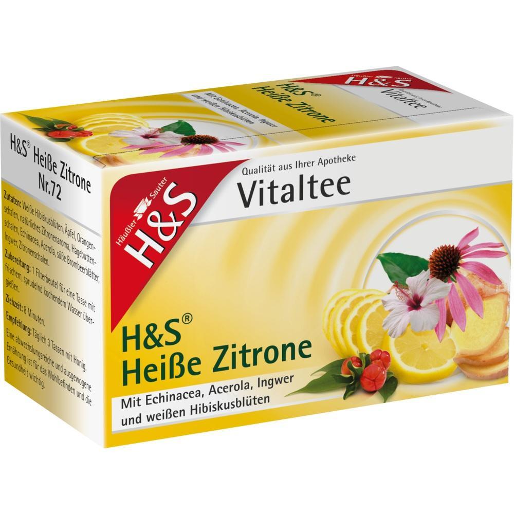 Eine Verpackung von H&S Vitaltee mit Bildern von Zitronen und Blumen.