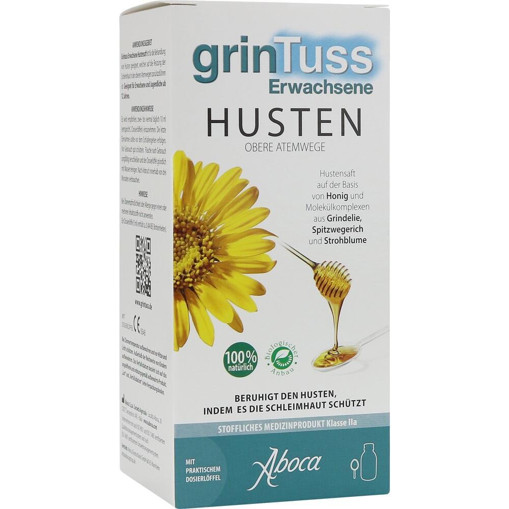 Verpackung von Hustensaft auf Honigbasis mit gelber Blume und Honiglöffel.