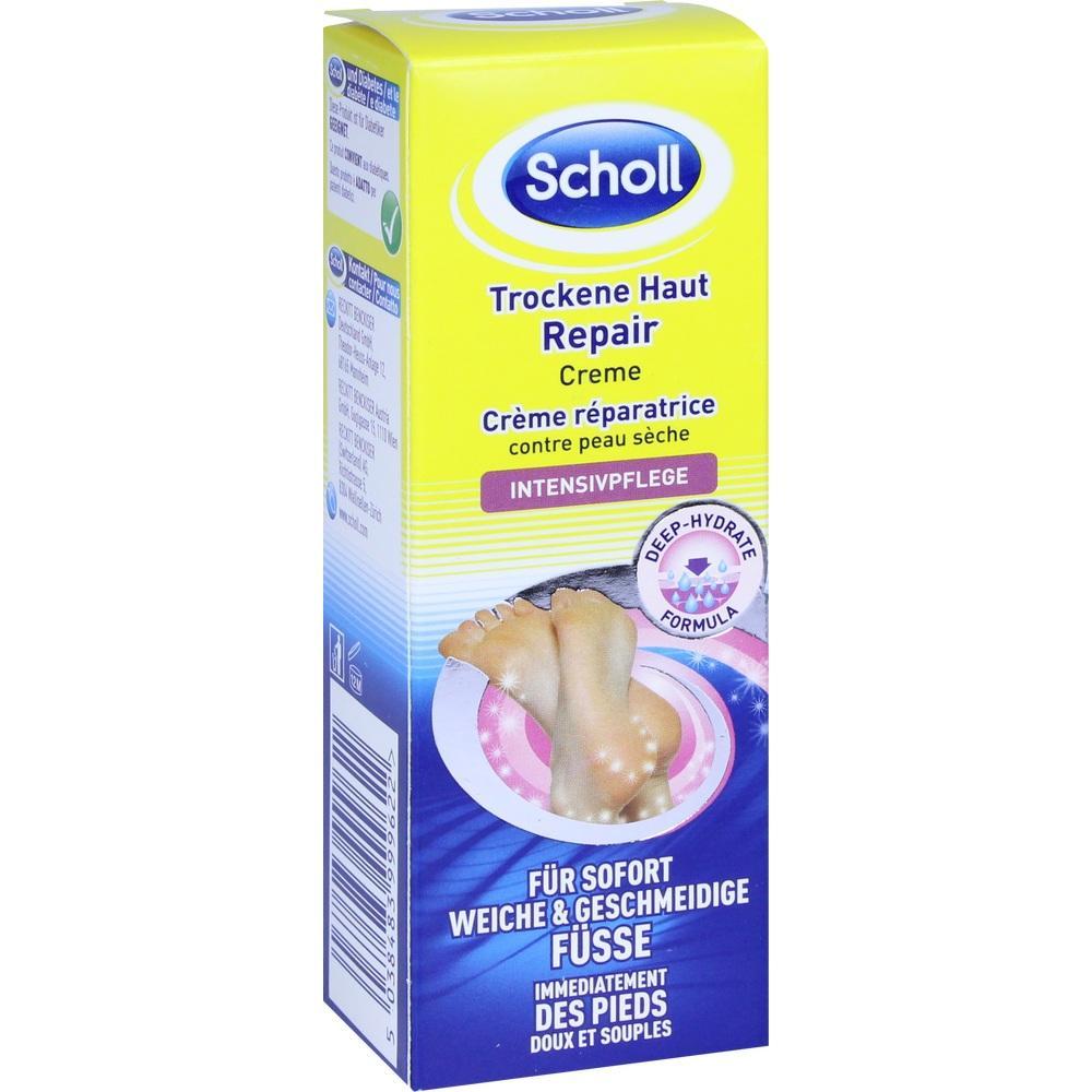 Eine gelbe Verpackung einer Creme für trockene Haut von Scholl ist abgebildet.