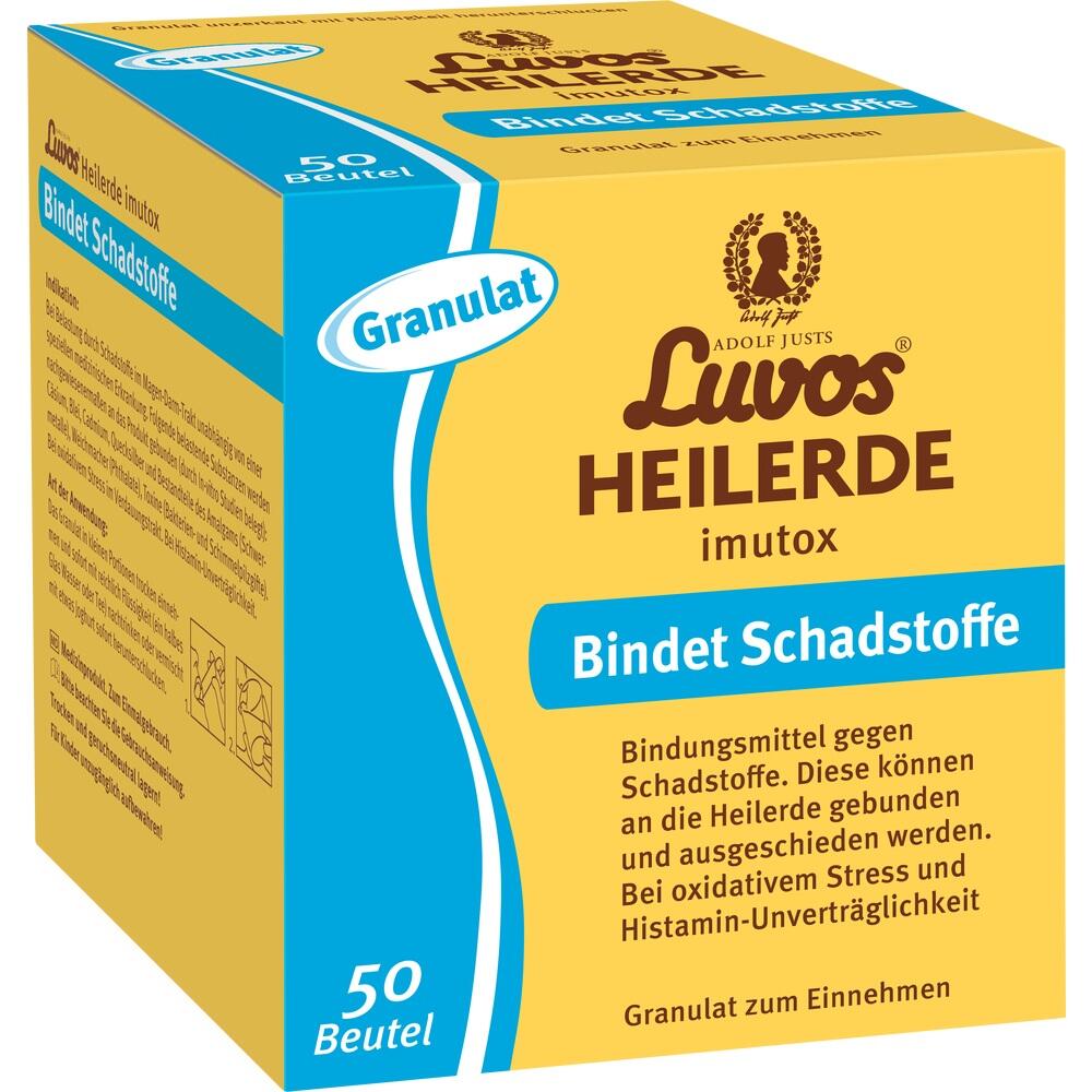 Gelbe Box mit Aufschrift "Luvos Heilerde bindet Schadstoffe", enthält 50 Beutel Granulat.