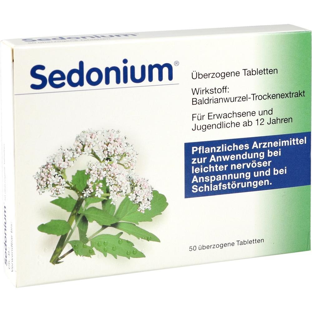 Eine Schachtel Sedonium-Tabletten mit Baldrian für Stress und Schlafprobleme.