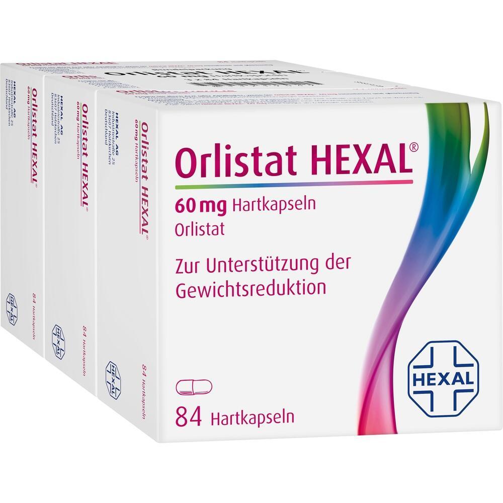 Die Verpackung von Orlistat HEXAL zeigt 60 mg Kapseln zur Gewichtsreduktion.