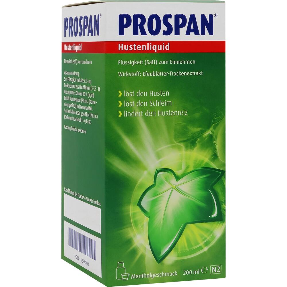 Grüne Verpackung von Prospan-Hustensaft mit Efeublatt und Text über Hustenlinderung.