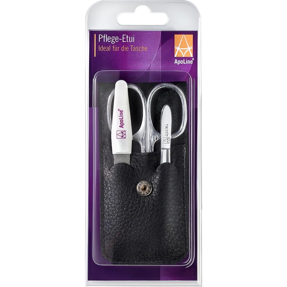 Ein Pflege-Set mit Schere, Pinzette und Feile in einem Lederetui.