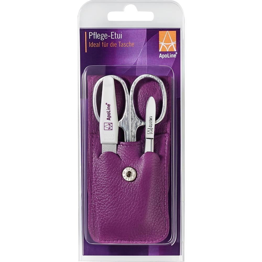Lila Etui mit Nagelschere, Pinzette und Feile in Verpackung.
