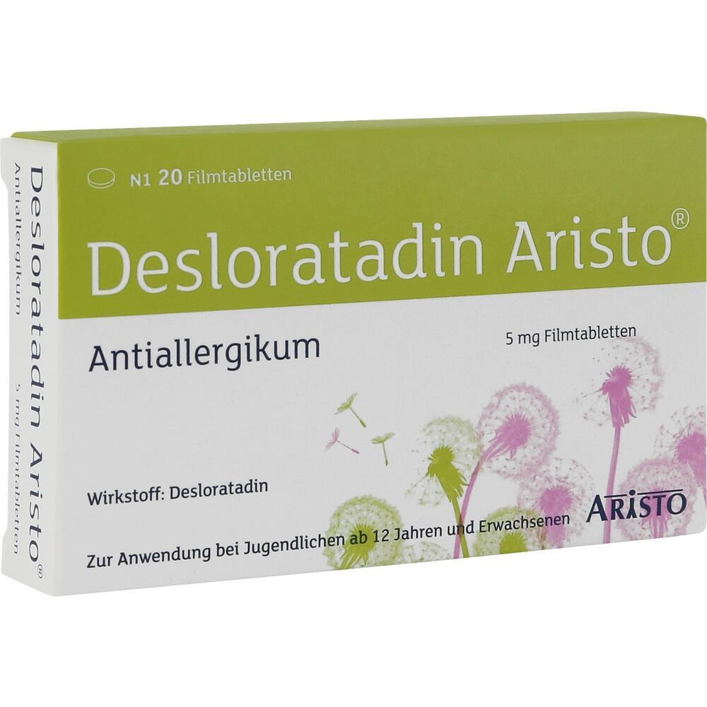 Verpackung von Desloratadin Aristo, einem Antiallergikum mit 20 Filmtabletten.