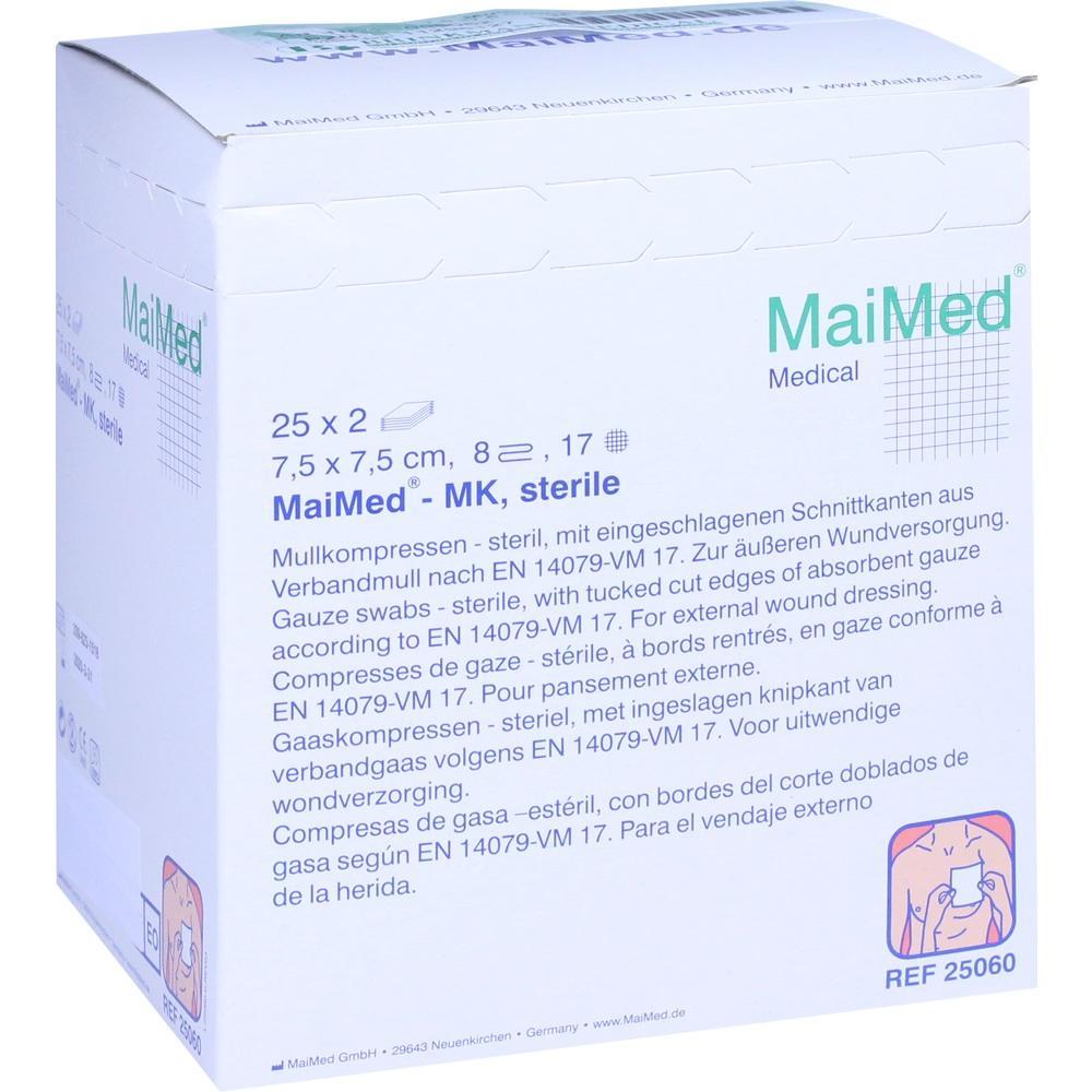 Wei&szlig;e Schachtel mit der Aufschrift "MaiMed Medical Mullkompressen, steril".