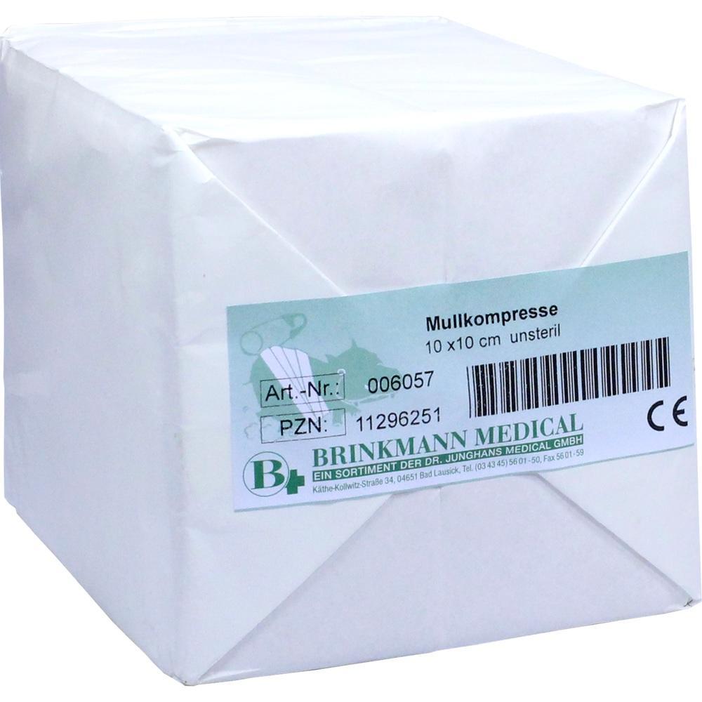 Weiße Packung mit Mullkompressen, 10x10 cm, von Brinkmann Medical.