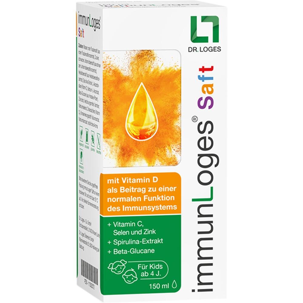 Ein Junge l&auml;uft fr&ouml;hlich drau&szlig;en; ImmunLoges Saft-Verpackung mit Vitaminen.