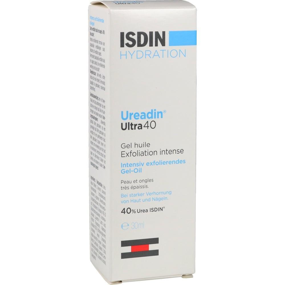 Eine wei&szlig;e Verpackung von ISDIN Ureadin Ultra 40 Exfoliations-Gel-&Ouml;l.