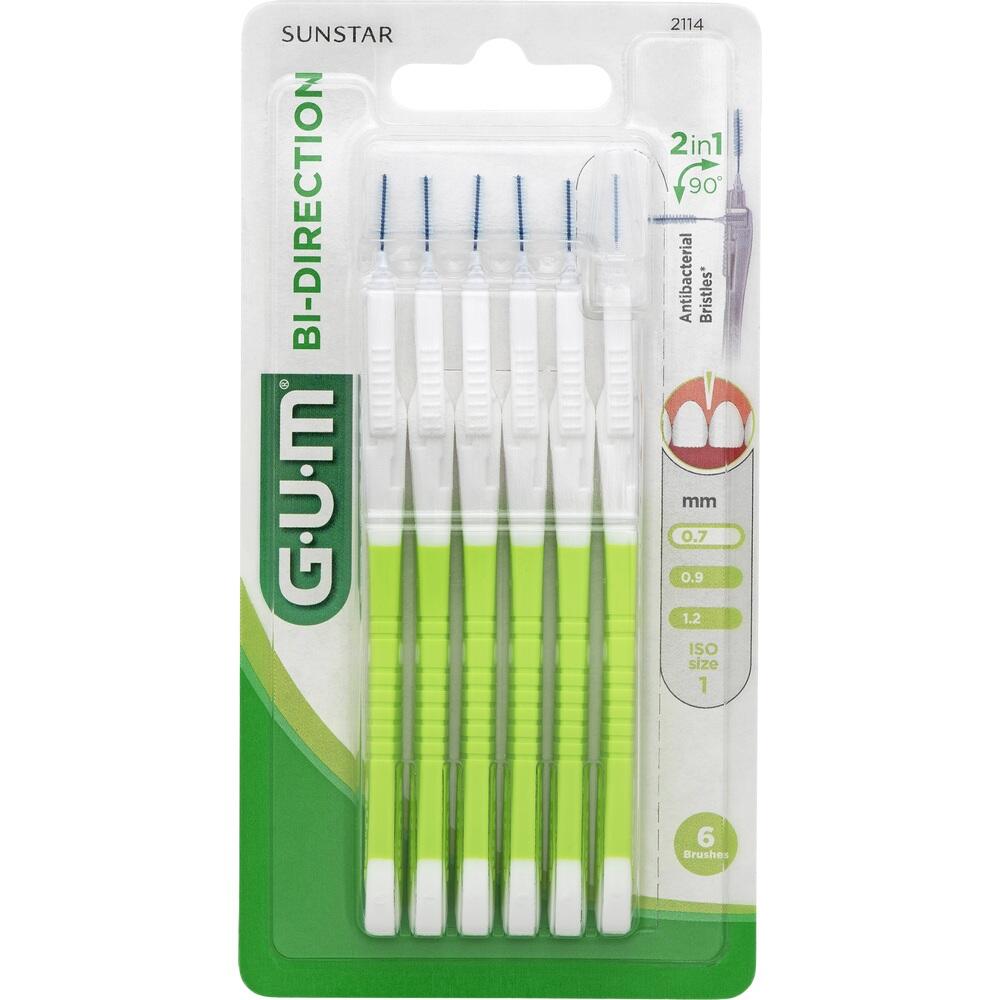 Sechs gr&uuml;ne Interdentalb&uuml;rsten in einer Plastikverpackung.