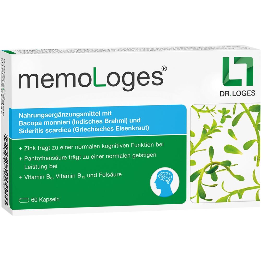 Wei&szlig;e Schachtel von memoLoges mit gr&uuml;ner Pflanzengrafik und Infos zu Inhaltsstoffen.
