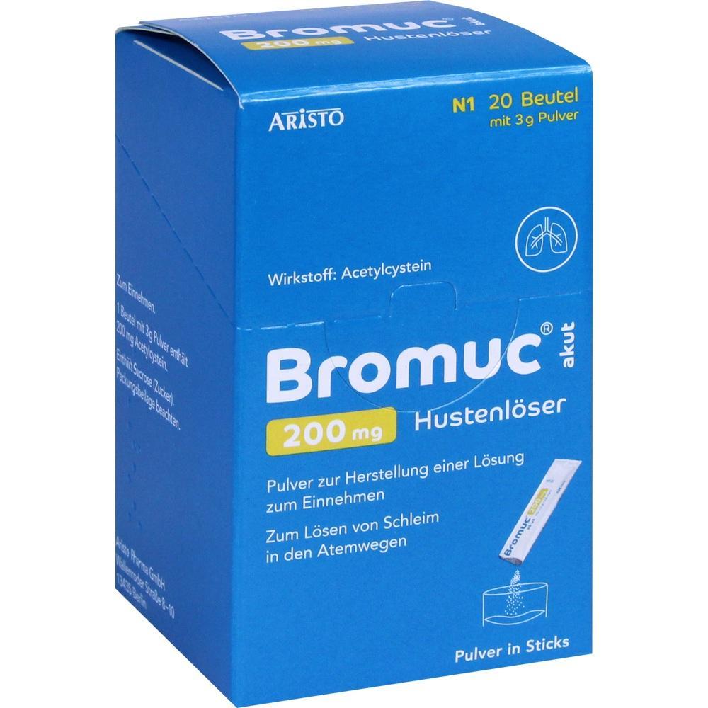 Eine blaue Packung Hustenlöser-Pulver namens Bromuc mit 20 Beuteln.