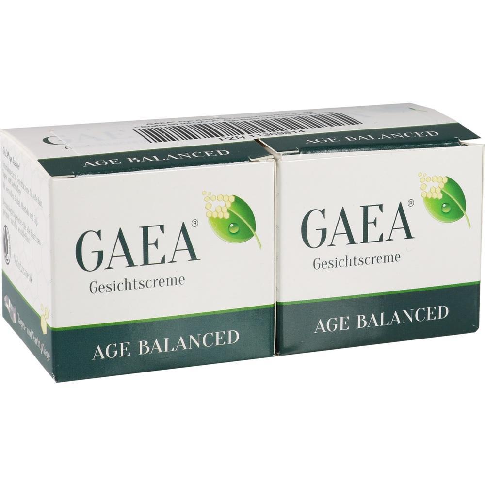 Zwei Schachteln mit Gaea Gesichtscreme, "Age Balanced" steht auf der Verpackung.
