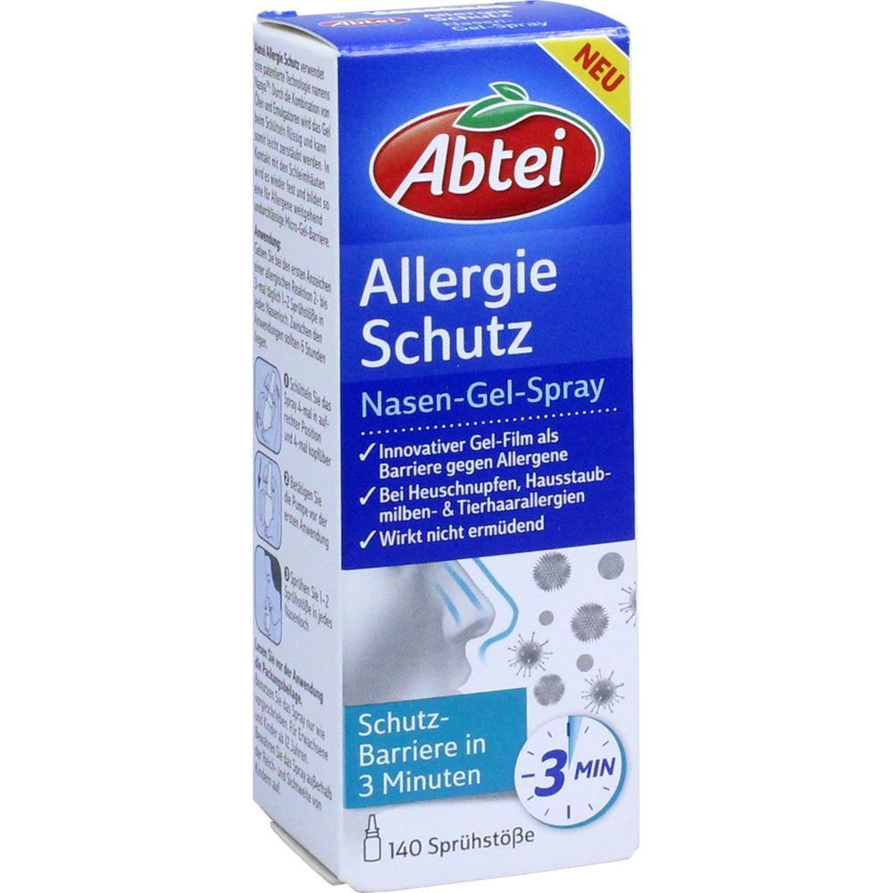 Eine Packung Nasen-Gel-Spray gegen Allergien von der Marke Abtei.