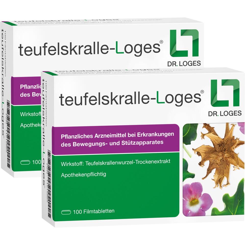 Zwei Packungen Teufelskralle-Loges Tabletten mit pflanzlichem Arzneimittel.