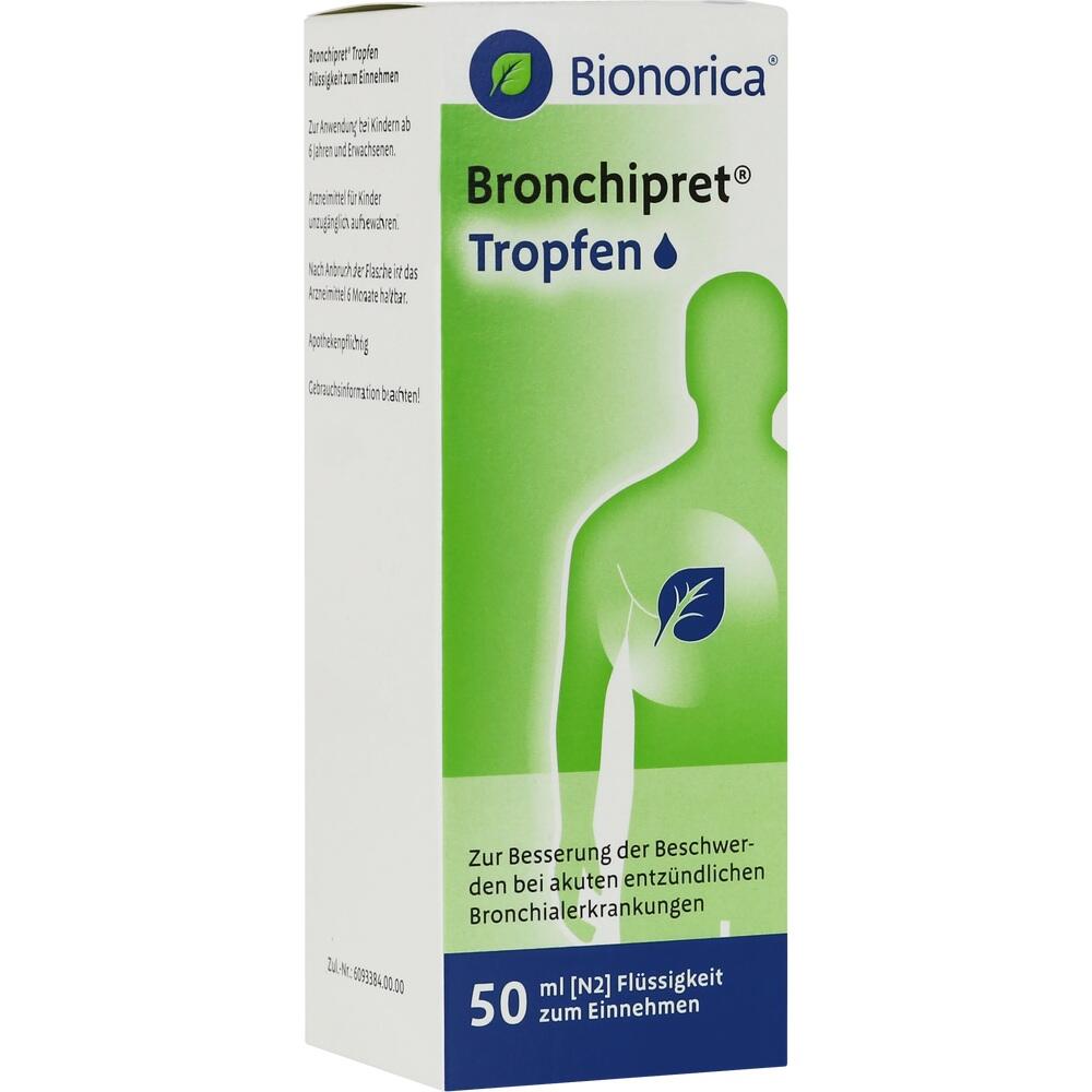 Verpackung von Bronchipret Tropfen gegen Atemwegserkrankungen, 50 ml.