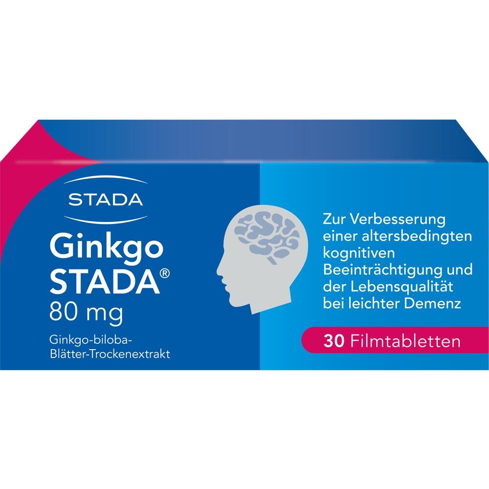 Verpackung von Ginkgo STADA Tabletten zur Unterstützung der kognitiven Funktion bei Demenz.