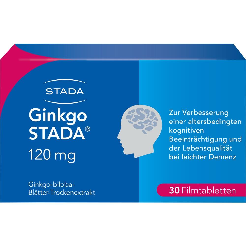 Blau-wei&szlig;e Medikamentenverpackung mit Text &uuml;ber Ginkgo STADA 120 mg gegen kognitive Beeintr&auml;chtigung.