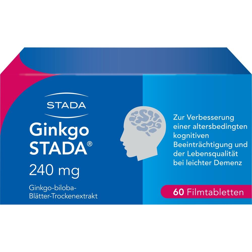 Ginkgo STADA Packung mit Informationen zur Verbesserung bei kognitiver Beeinträchtigung.