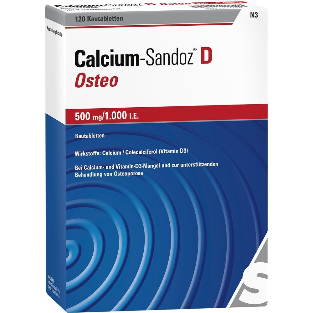 Verpackung von Calcium-Sandoz D Osteo Tabletten zur Unterstützung bei Osteoporose.