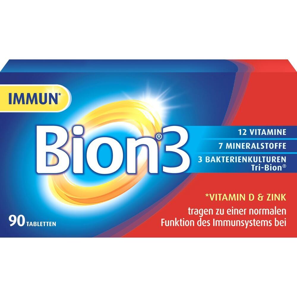 Verpackung von Bion3-Tabletten mit Vitaminen und Mineralstoffen zur St&auml;rkung des Immunsystems.