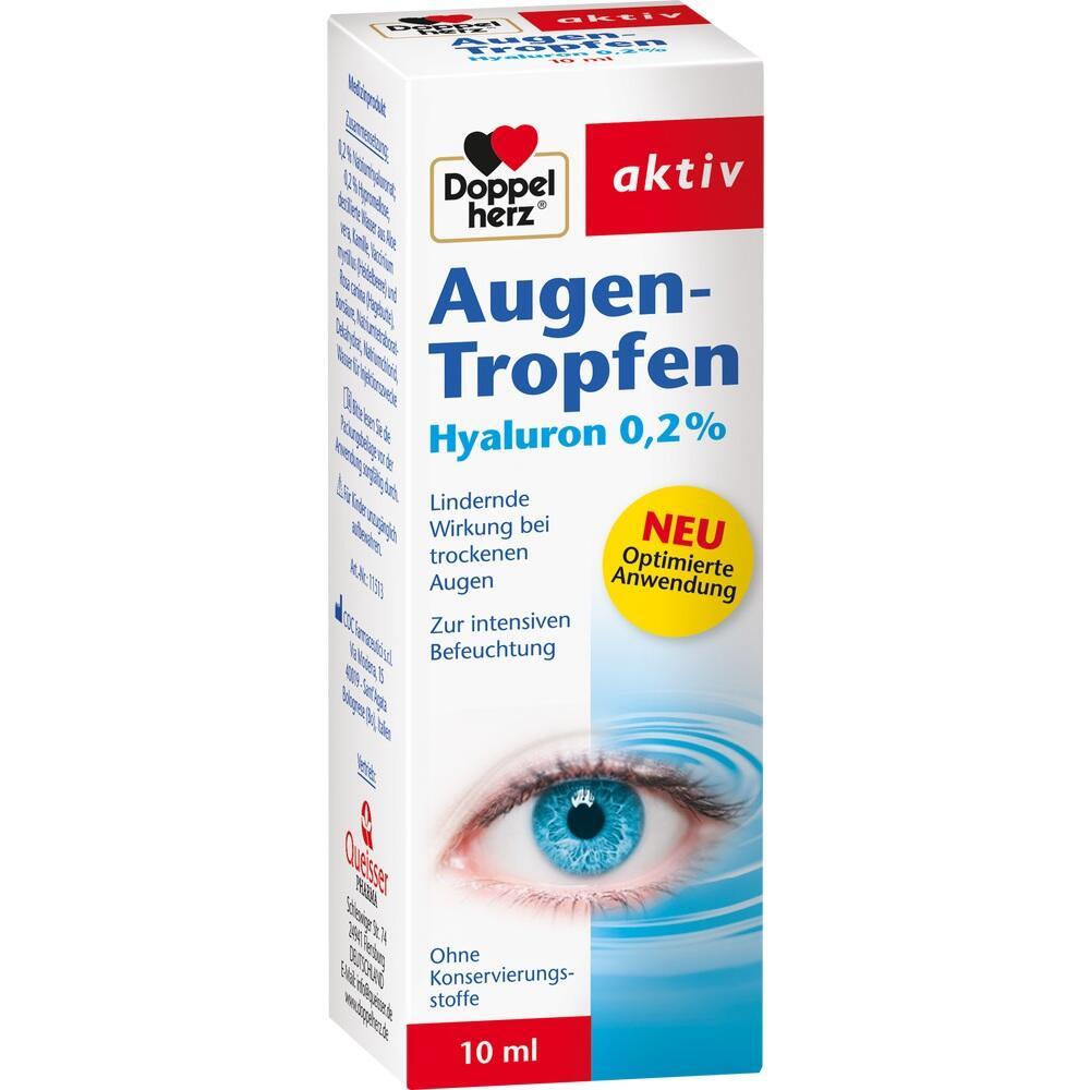 Eine Verpackung von Augentropfen mit der Aufschrift "Hyaluron 0,2%".
