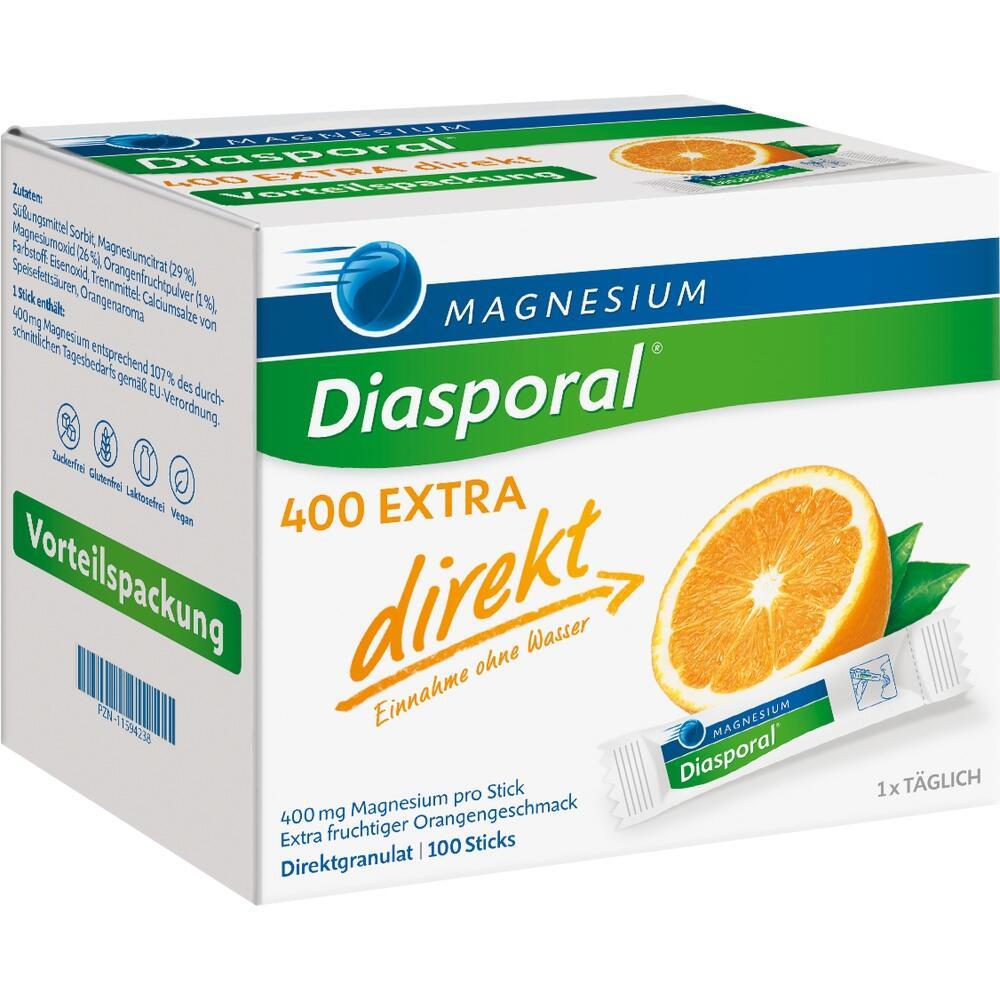 Eine Packung Diasporal Magnesium mit Orangengeschmack f&uuml;r direkte Einnahme.