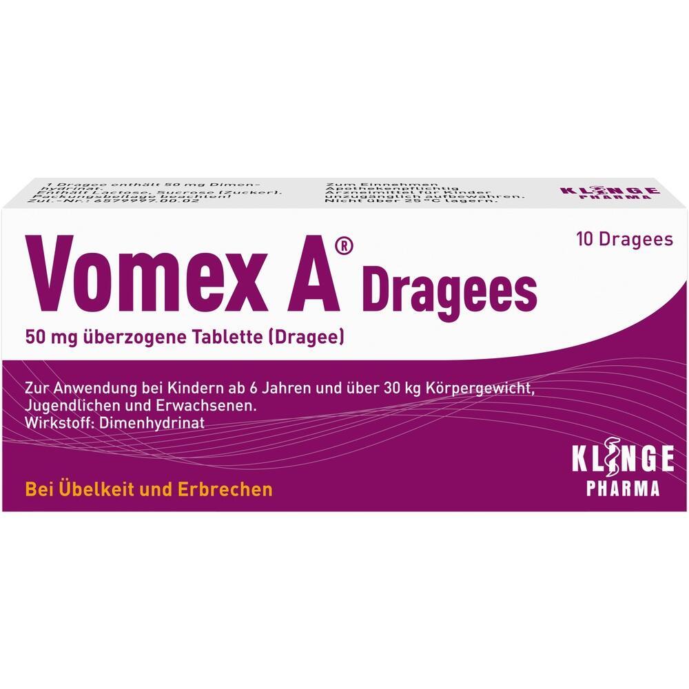 Die Verpackung zeigt Vomex A Dragees gegen &Uuml;belkeit und Erbrechen.