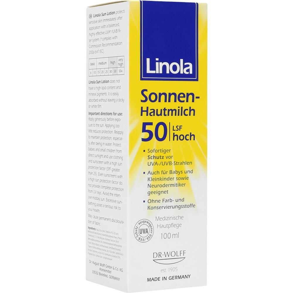 Gelbe Packung Sonnenmilch mit Lichtschutzfaktor 50 f&uuml;r empfindliche Haut.